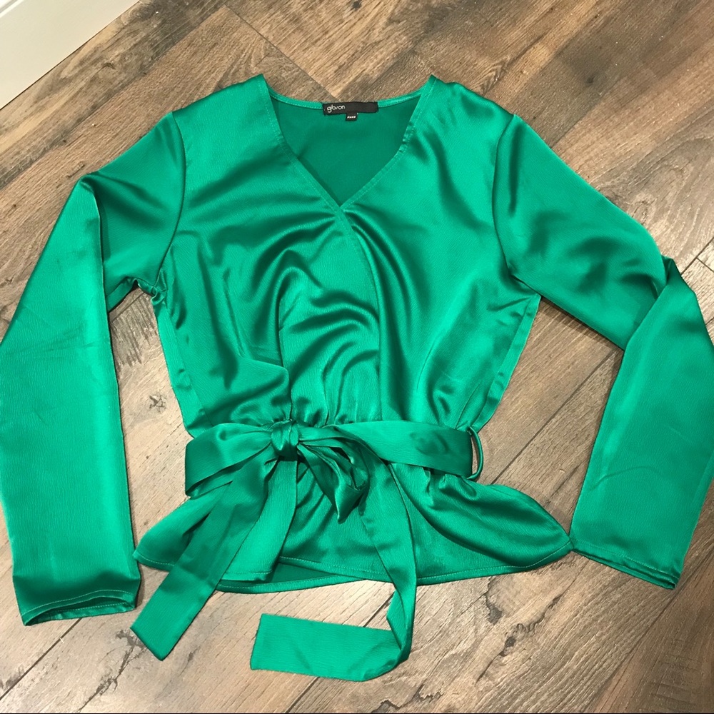 Gibson Long Sleeve Green Faux Wrap Tie Blouse XXSP